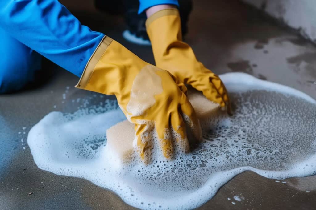 A Man Cleaning The Wood Stain With Soap and Water
